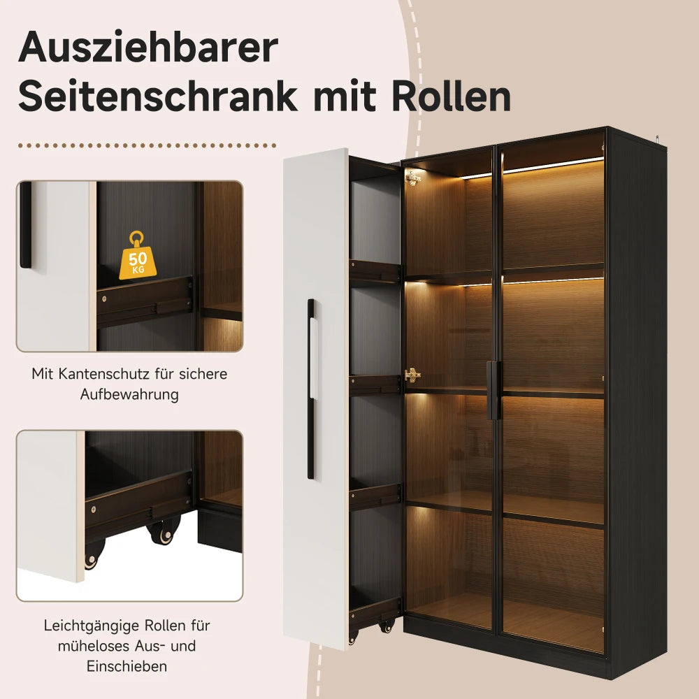 110.5×35×160cm Multifunction Showcase with Glass Door and LED, Side Drawer