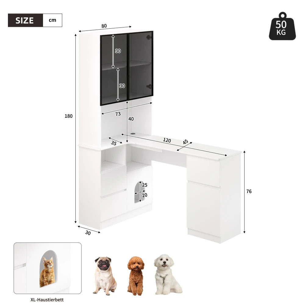 Corner Desk with Shelf and LED Display Cabinet, Desk with Cable Outlet