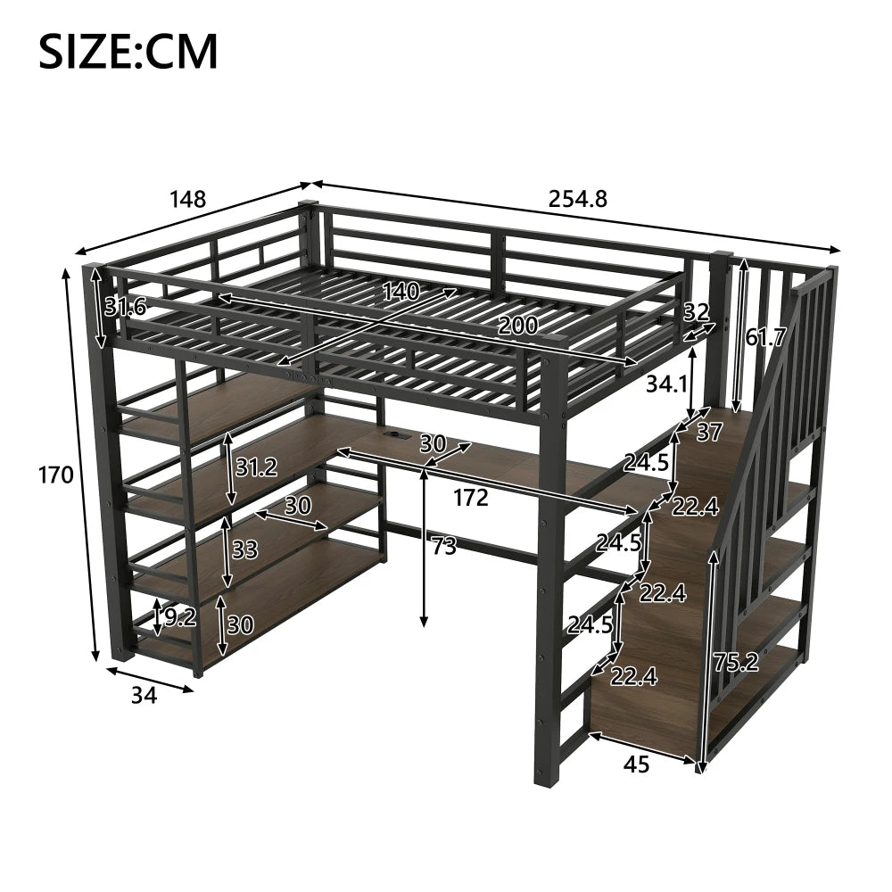 140x200cm Metal Bunk Bed with Stairs and Integrated Desk