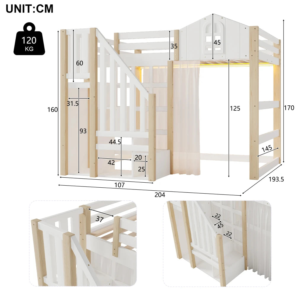 90x200cm Kids Bedroom High Bed, with LED Lights and Gauze, Window Shape