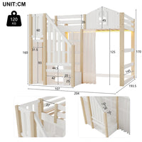 90x200cm Kids Bedroom High Bed, with LED Lights and Gauze, Window Shape