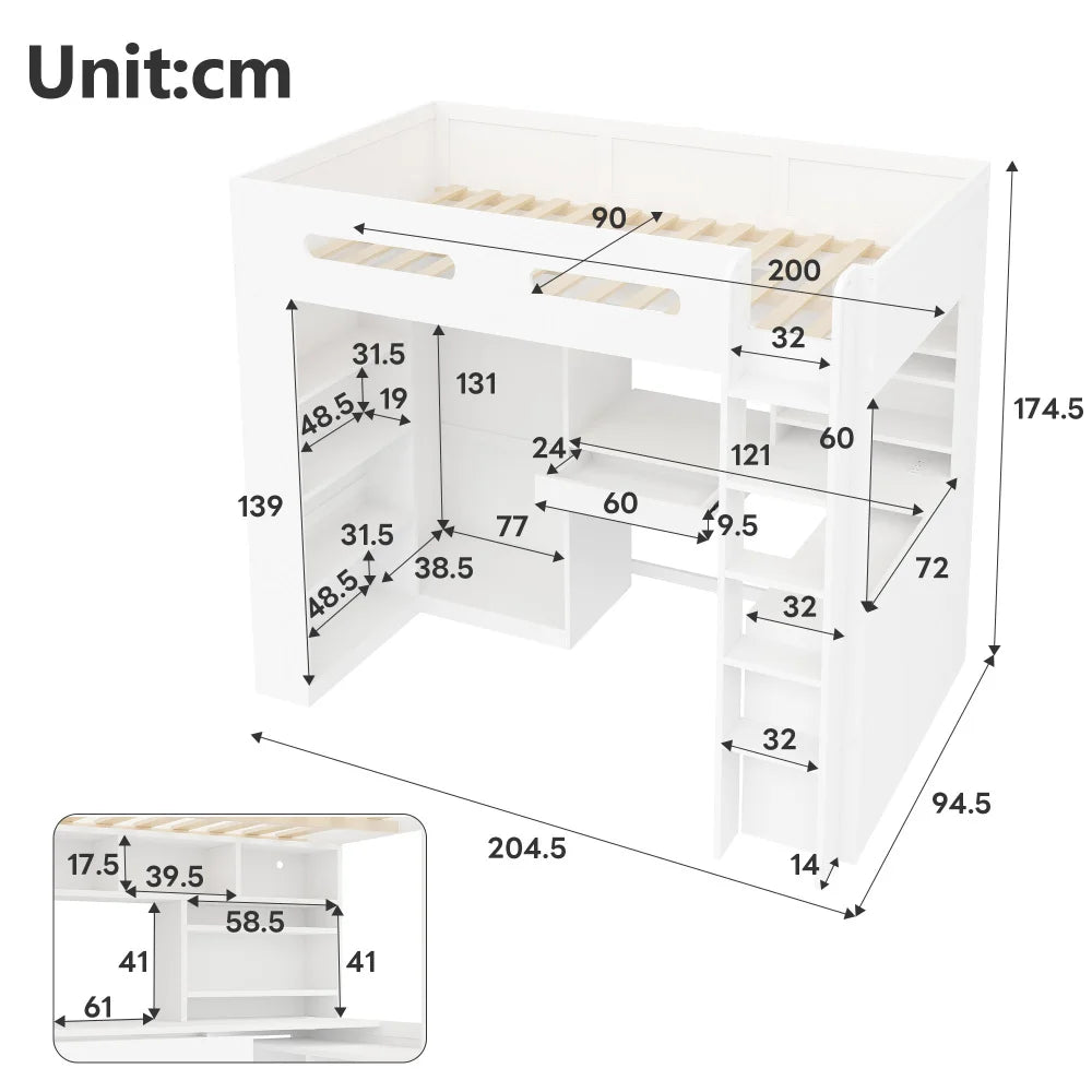 90x200cm White High Bed Frame, Loft Bed with Under‑Bed Desk