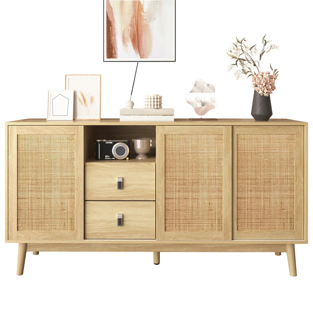 Versatile and Stable Modern Sideboard with 3 Sliding Doors in Real Rattan and 2