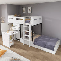 Bunk Bed with Pull-out Desk and Wardrobe, Multifunctional Kid Bed