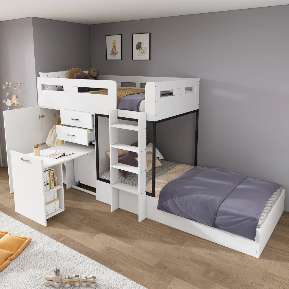 Bunk Bed with Pull-out Desk and Wardrobe, Multifunctional Kid Bed