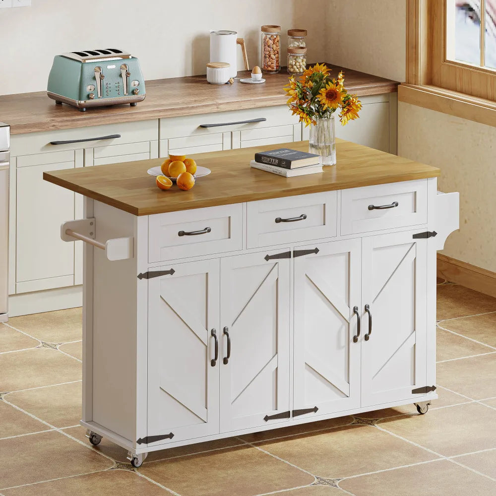 Kitchen Island with Folding Worktop Equipped with 5 Adjustable Rollers 4 Doors 3