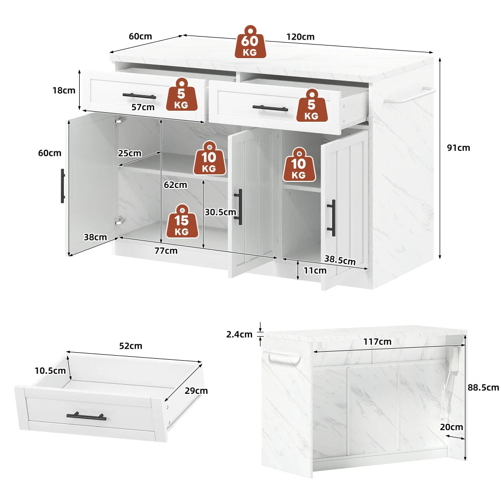 120x60x91cm Kitchen Island, with Outlets and USB Ports