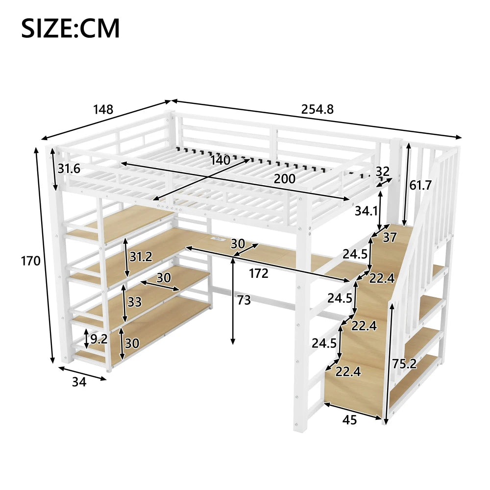 140x200cm Metal Bunk Bed with Stairs and Integrated Desk