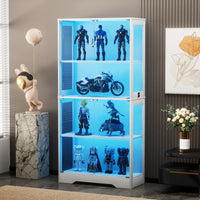 Glasvitrine med fire hylder og LED-lys