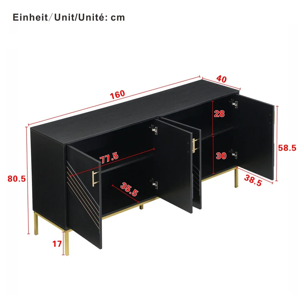 Modern Sideboard with 4 Doors Stylish Design in Black Gold Body with Metal Legs