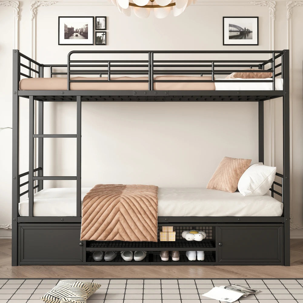 90x200cm Iron Frame Bed, Shoe Cabinet, Double Door Small Storage Cabinet