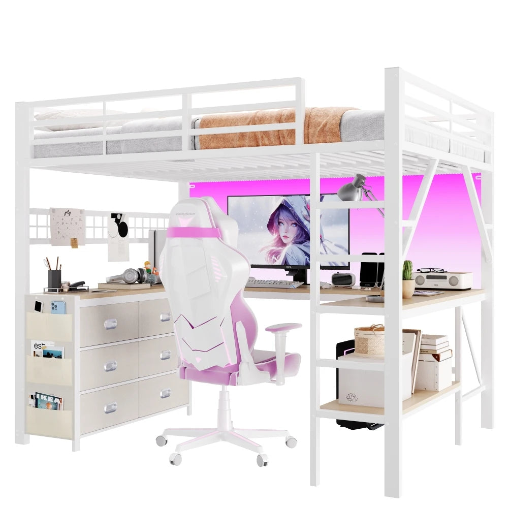 90x200cm & 140x200cm Metal Gaming High Bed Frame, Loft Bed with Drawers
