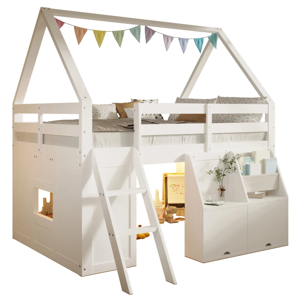 140×200cm White House‑Shaped High Bed Frame with Stairs