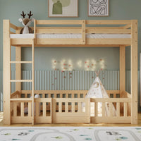 90x200cm Bunk Bed, Wooden Bed, with Rectangular Staircase, Railing and Door