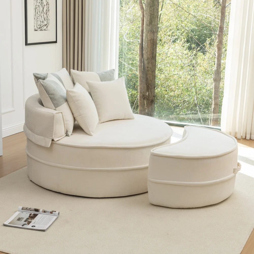 Round Sofa with 5 Pillows, Multi-Functional Reading Chair with Ottoman
