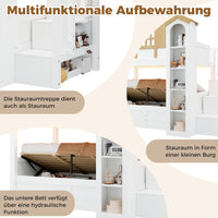 90x200+90x200cm Solid Wood Kids House Bunk Bed, Hydraulic Underbed Design