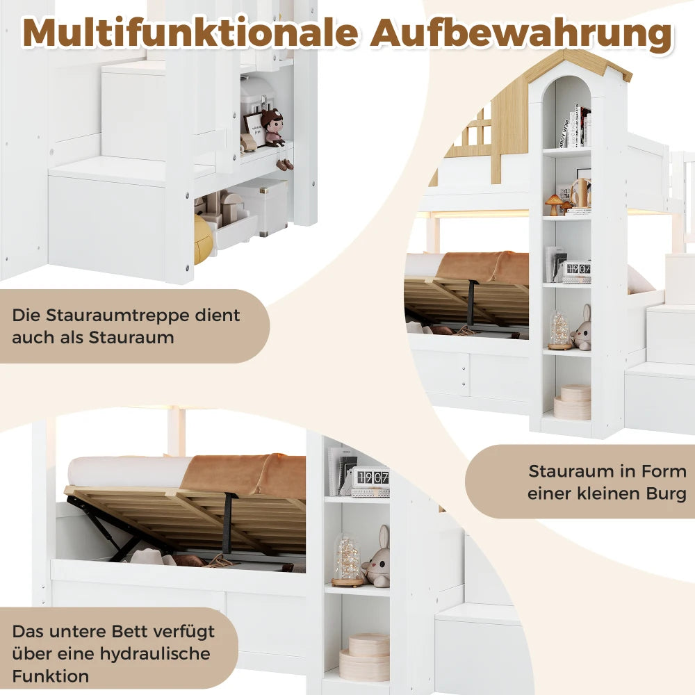 90x200+90x200cm Solid Wood Kids House Bunk Bed, Hydraulic Underbed Design