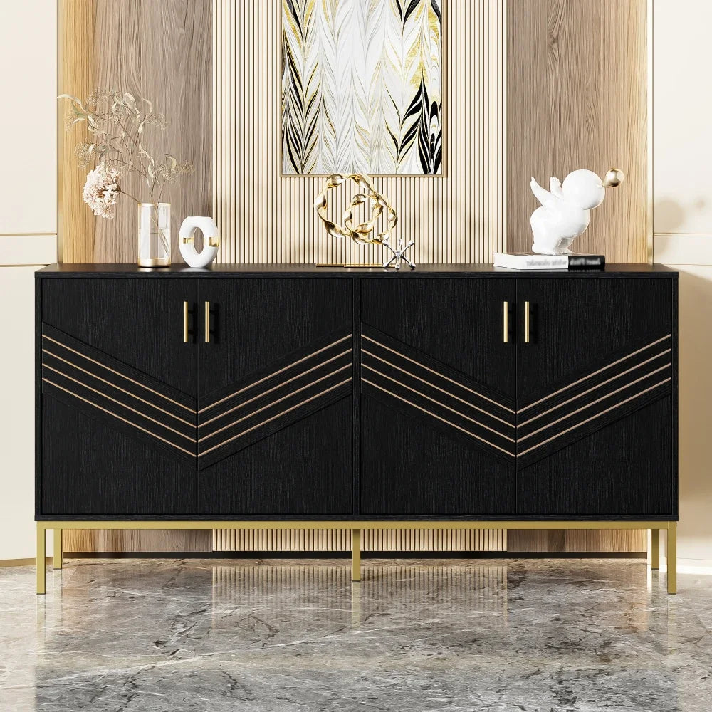 Modern Sideboard with 4 Doors Stylish Design in Black Gold Body with Metal Legs