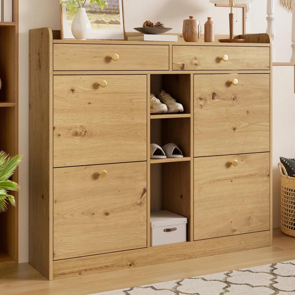 110 X 26 X 100cm Elegant Wooden Shoe Cabinet with 4 Folding Doors