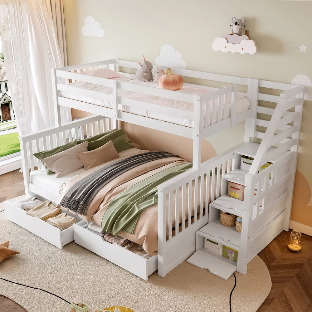 Modern Bedroom 90 X 200 Over 140 X 200 Bunk Bed with Drawers, Storage Room