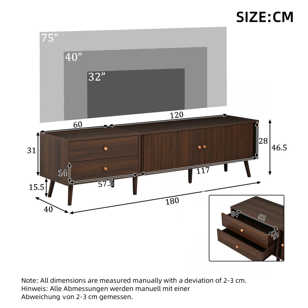 180x40x46.5cm TV Cabinet in Walnut Wood Optics, TV Stand with 2 Drawers