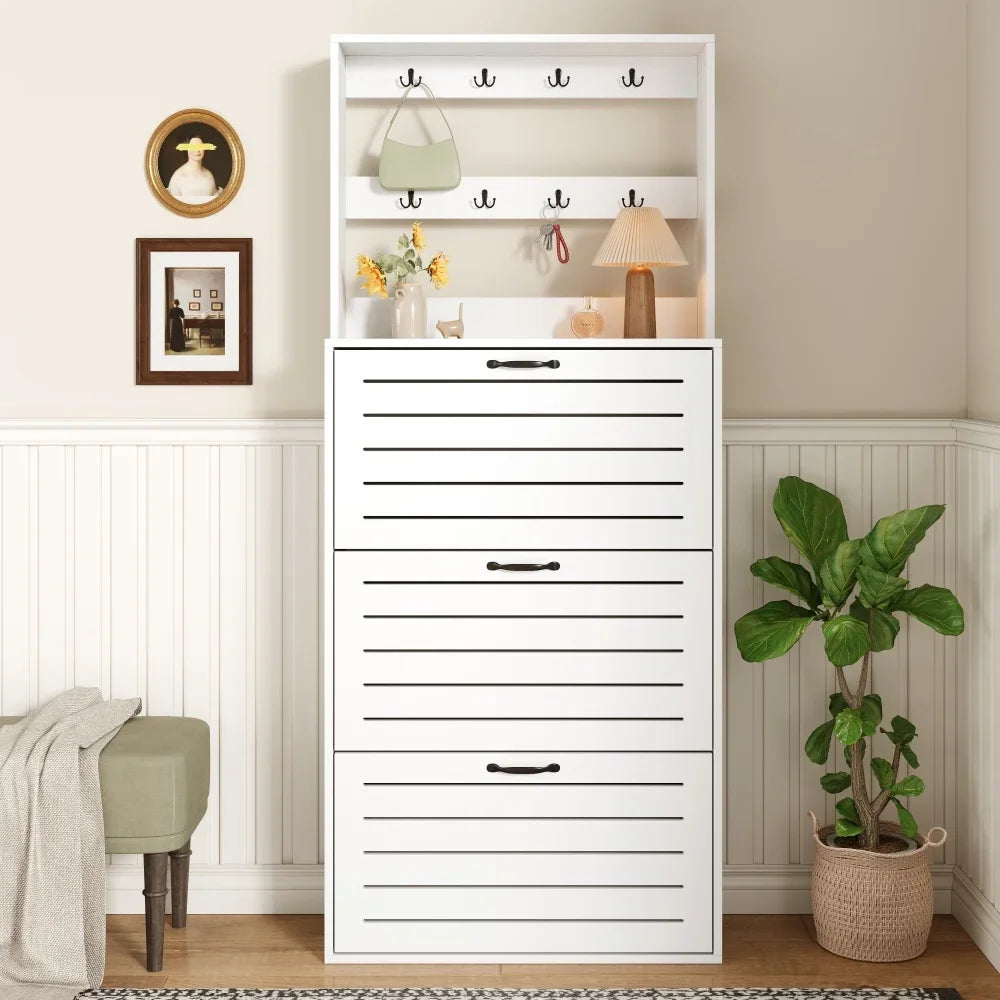 Shoe Cabinet with 3 Doors, Shoe Rack, Shoe Cabinet with Hooks