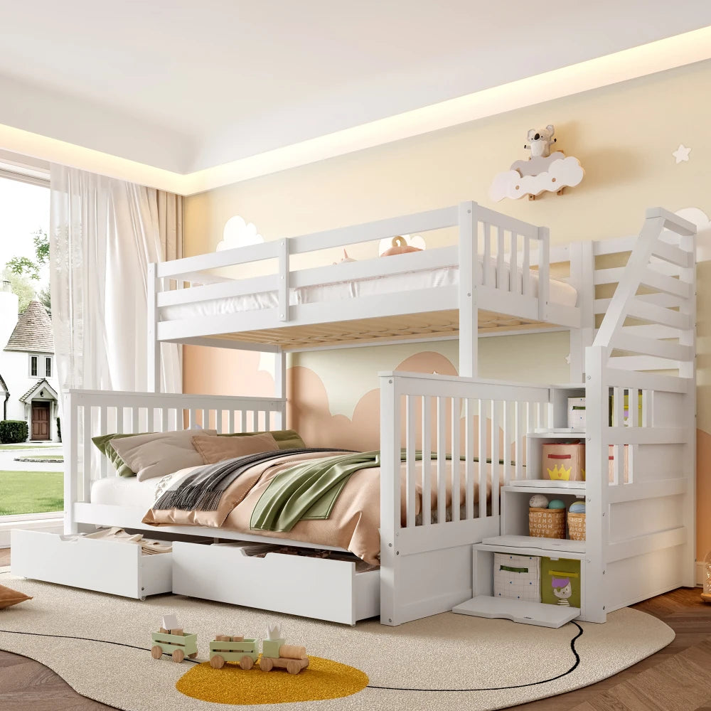 Modern Bedroom 90 X 200 Over 140 X 200 Bunk Bed with Drawers, Storage Room
