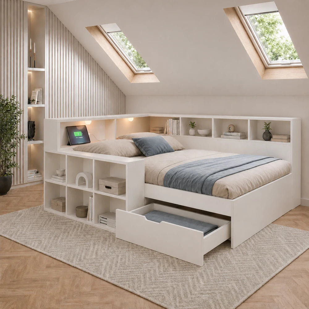 90x200cm /140x190cm /140x200cm Wooden Bed with Storage Space & Reading Light
