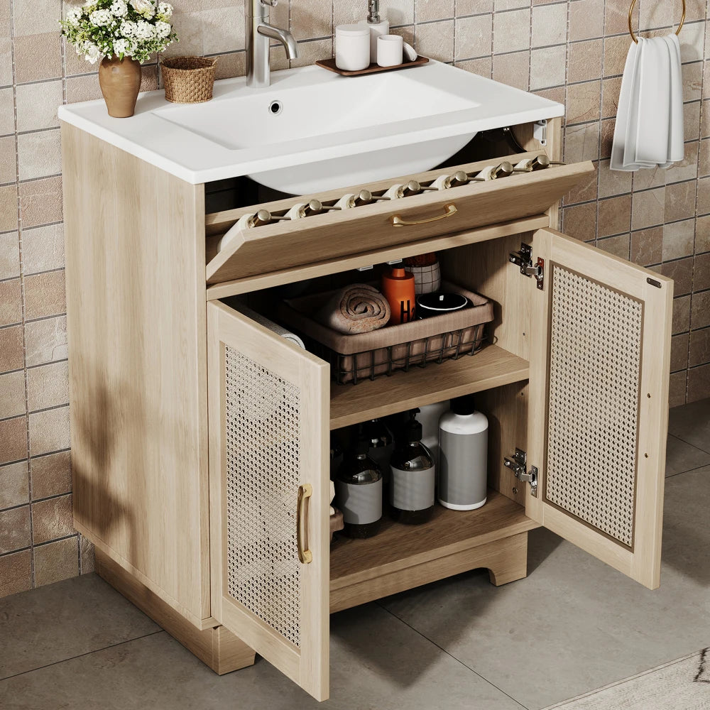 76x46x88cm Bathroom Cabinet, with Drawer Lift and Double Soft-close Doors