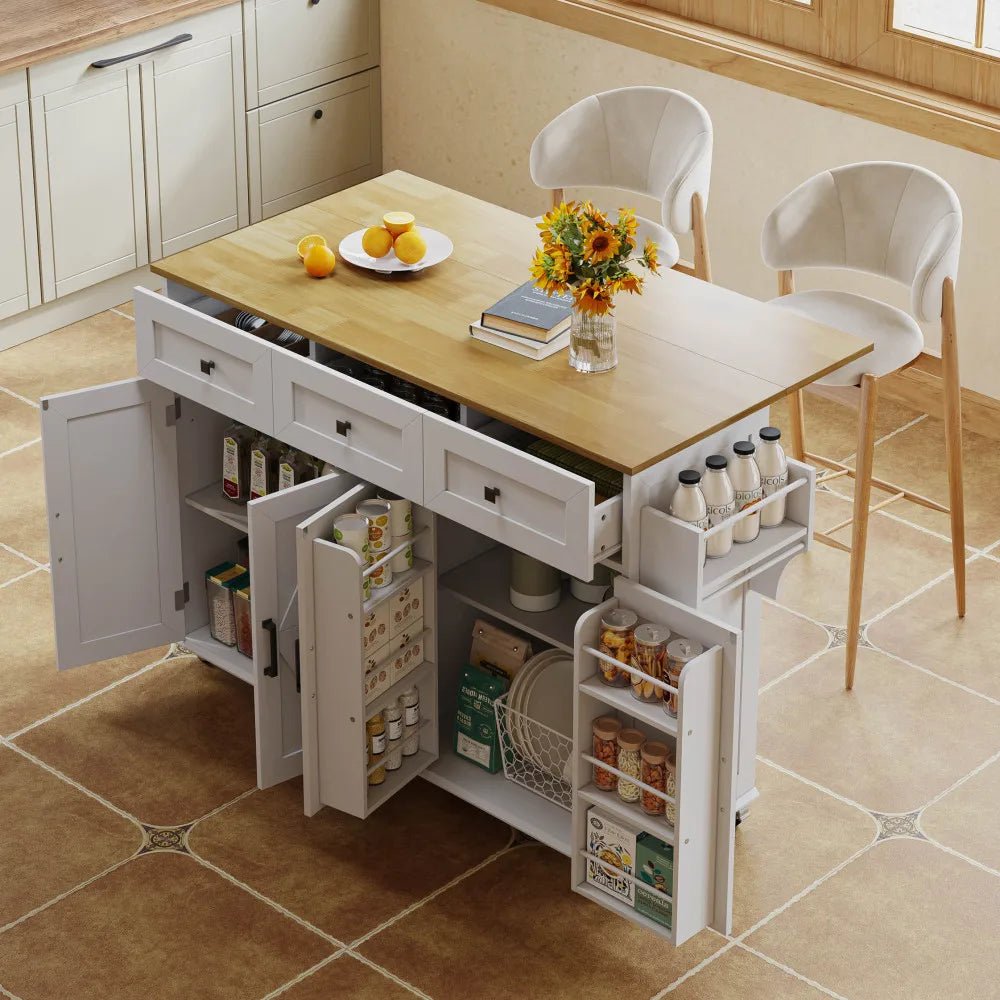 Kitchen Island with Folding Worktop Equipped with 5 Adjustable Rollers 4 Doors 3