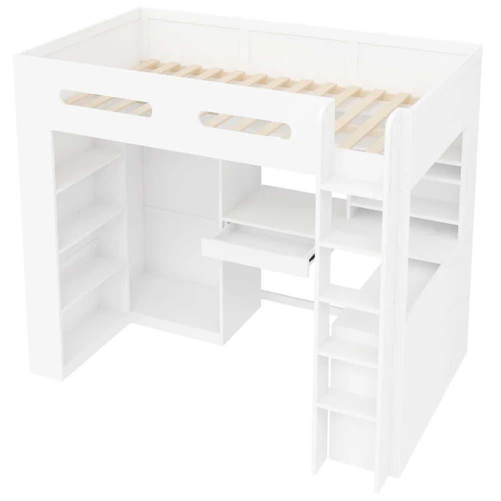 90x200cm White High Bed Frame, Loft Bed with Under‑Bed Desk