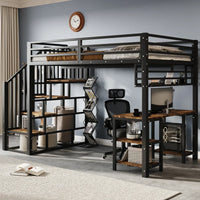 Modern Iron Bed, Bunk Bed, with Desk and Shelf, Stable Slat Grate