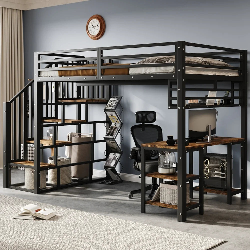 Modern Iron Bed, Bunk Bed, with Desk and Shelf, Stable Slat Grate