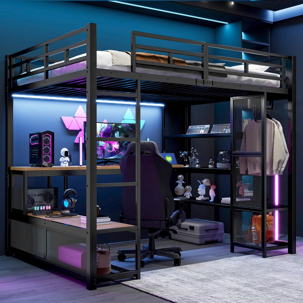 140x200cm Metal High Bed with Storage and Open Wardrobe