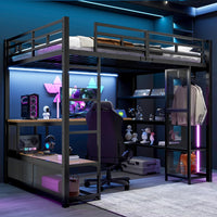 140x200cm Metal High Bed with Storage and Open Wardrobe