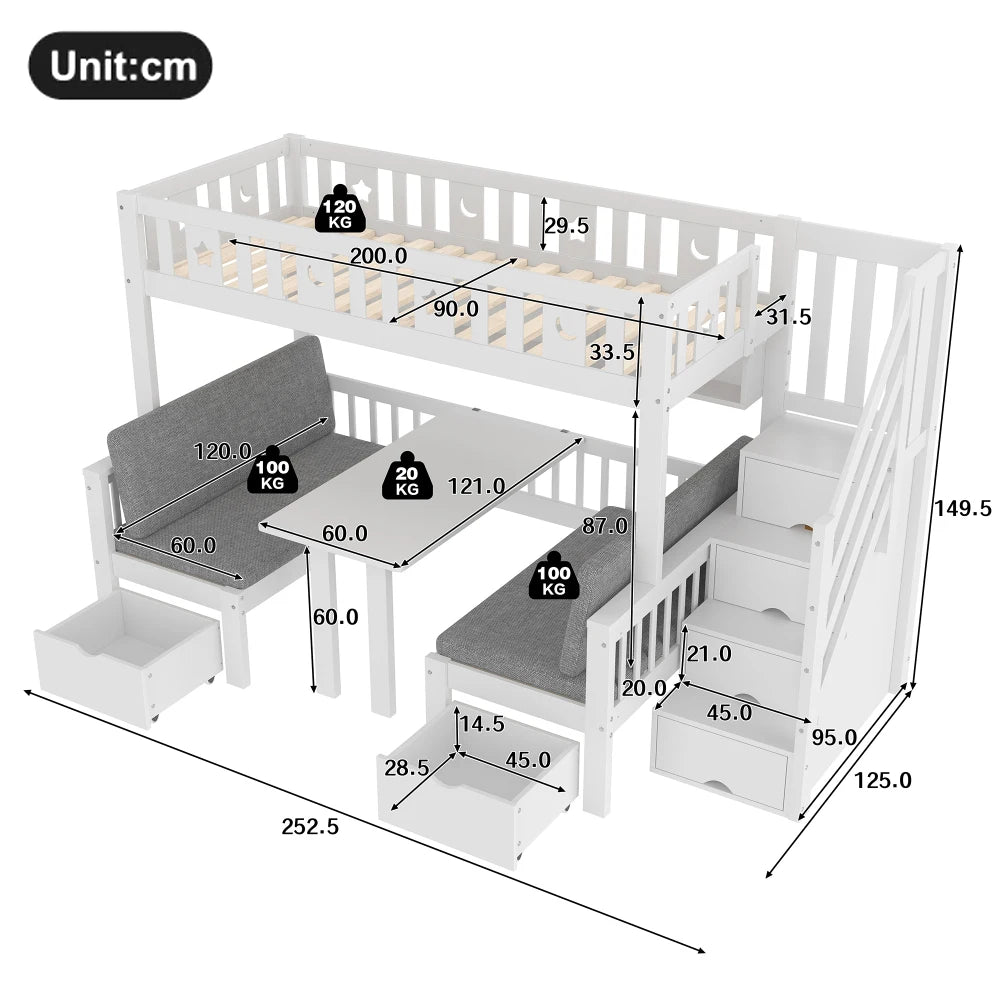 90x200cm Multifunctional High Bed, 2-in-1 Bed and Desk