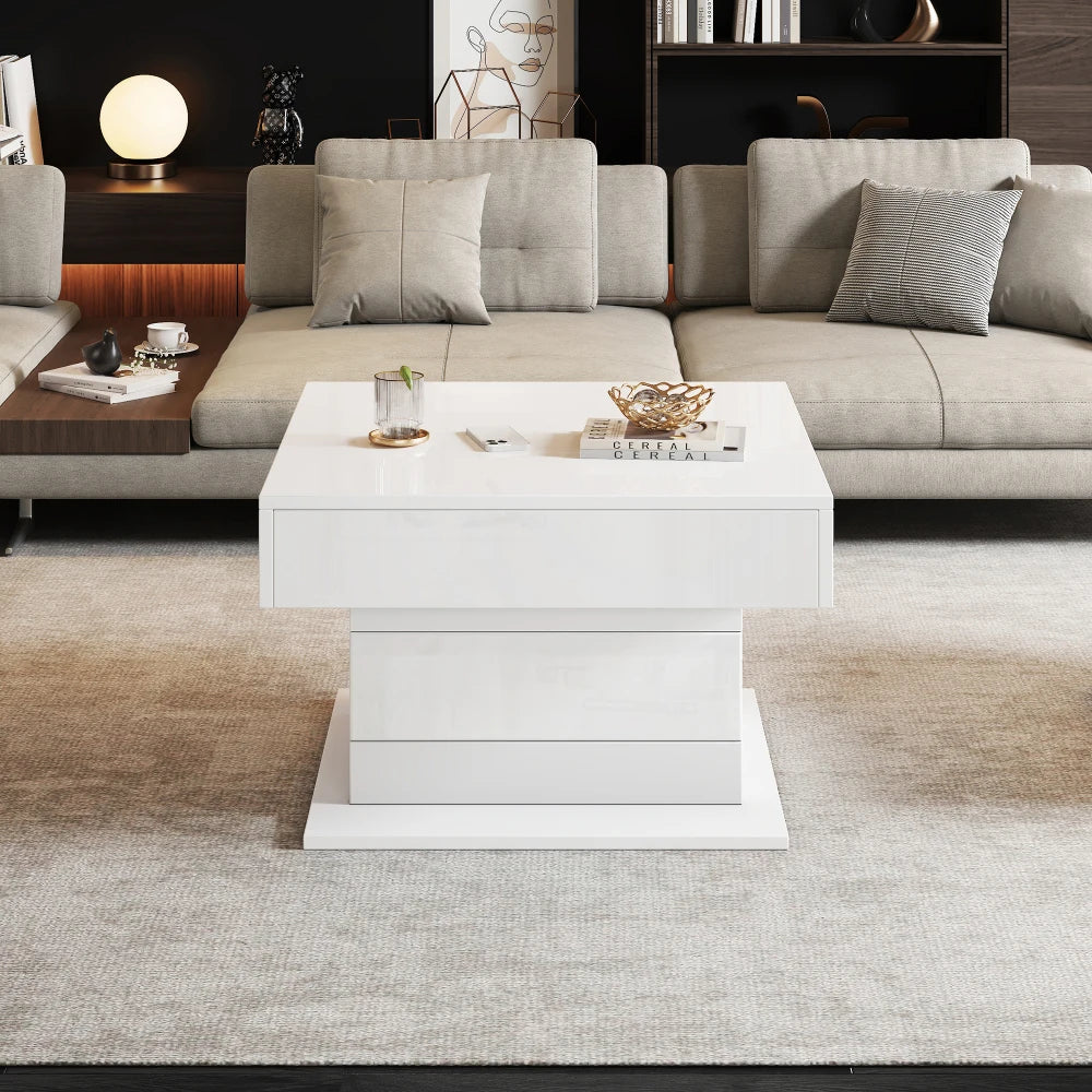 70*70*45cm High Gloss Coffee Table, Top Table 360° Freely Rotatable