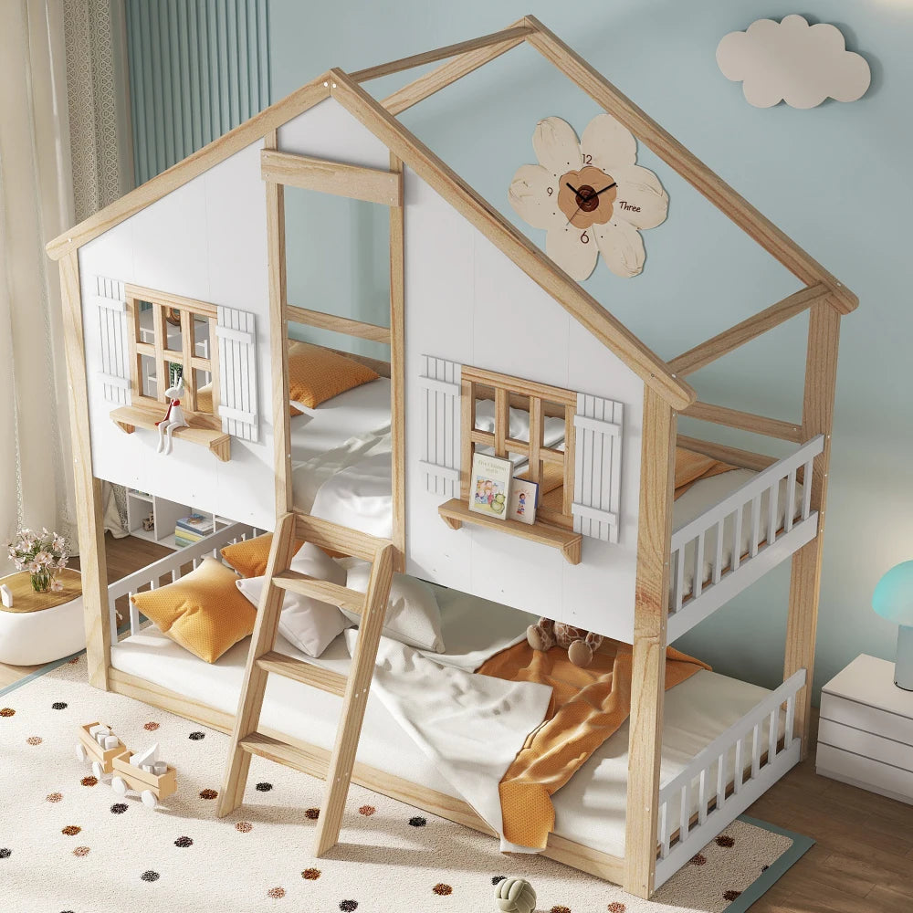 Bunk Bed, Children's Cot, Beautiful Window and Roof, Stable Slat Grille