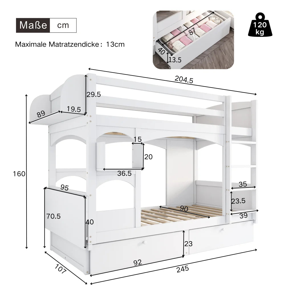 90*200 Multifunctional Children's Double Bed, with Folding Desk and Shelf