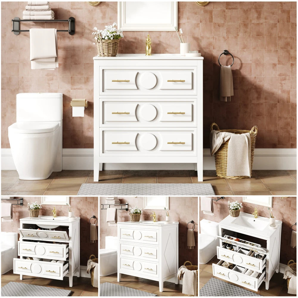 Freestanding White Bathroom cabinet with Ceramic Sink & Metal Handles