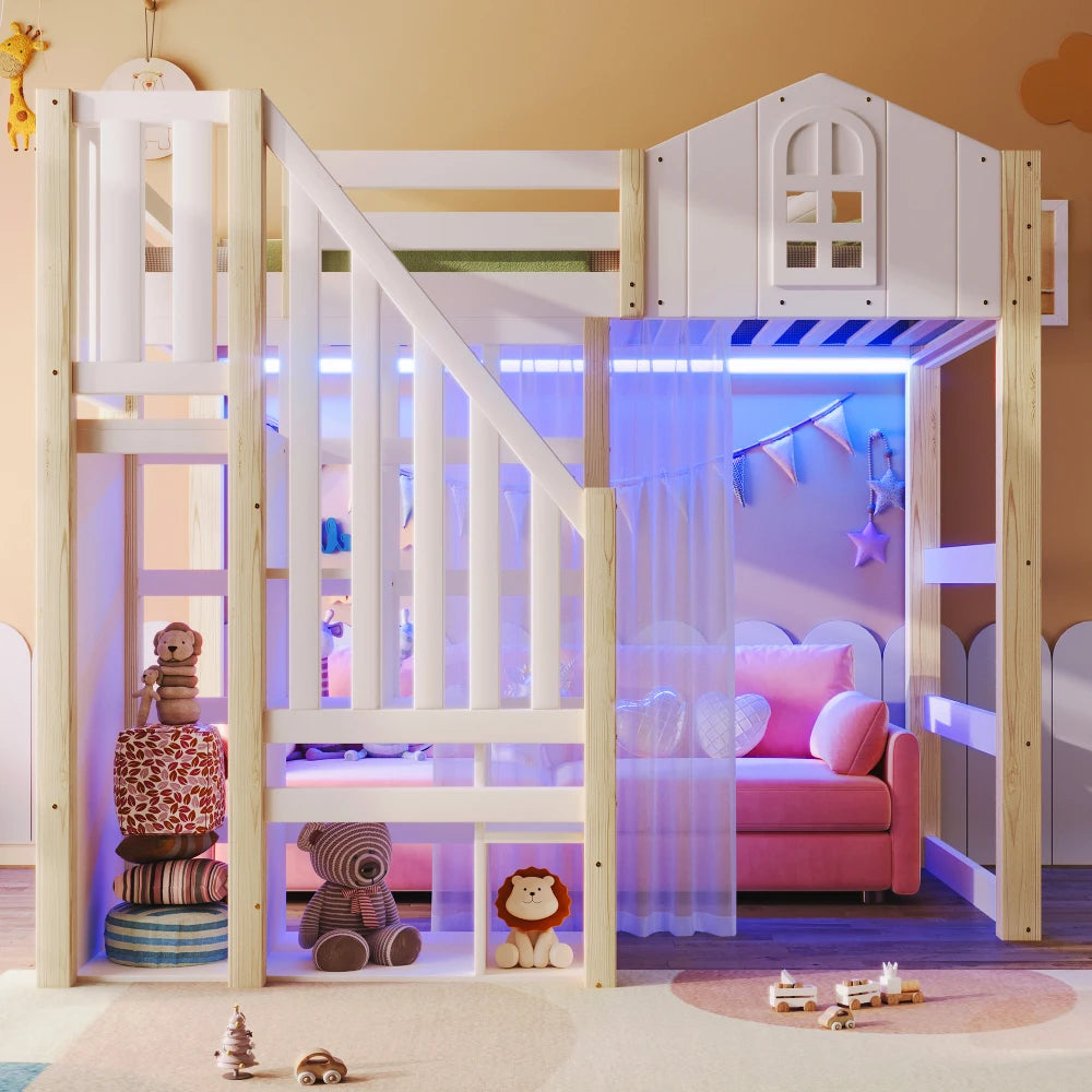 90x200cm Kids Bedroom High Bed, with LED Lights and Gauze, Window Shape