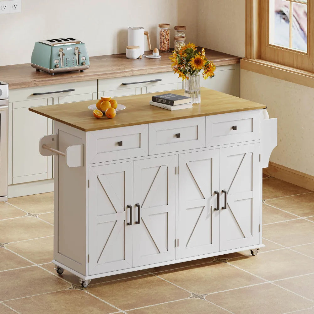 Kitchen Island with Folding Worktop Equipped with 5 Adjustable Rollers 4 Doors 3