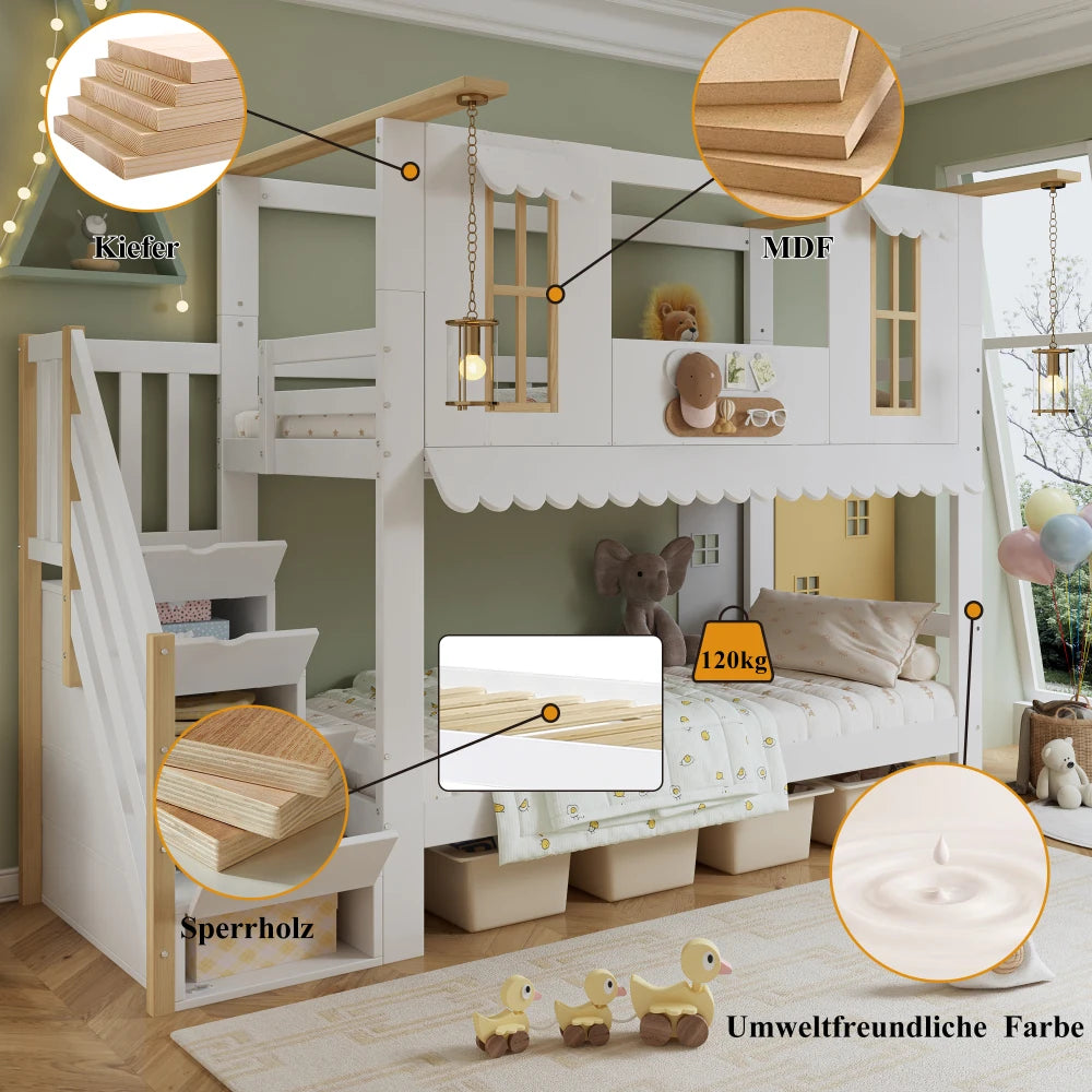 90x200cm Bunk Bed with Storage Staircase and Exquisite Window