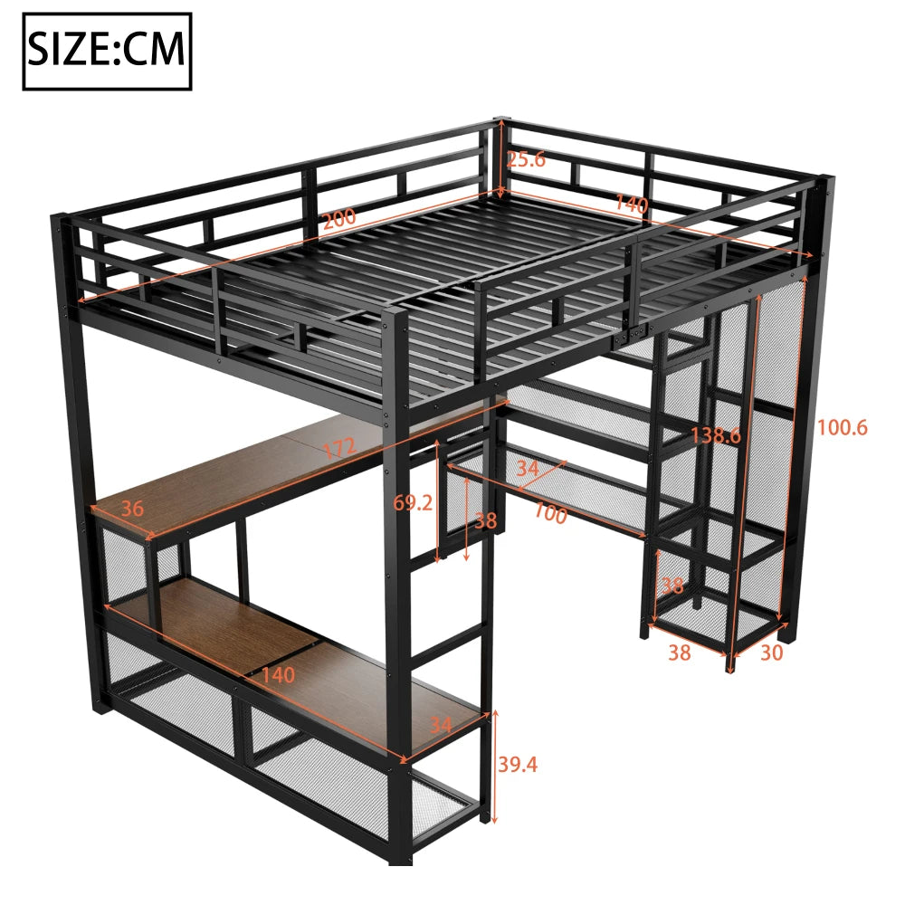 140x200cm Metal High Bed with Storage and Open Wardrobe