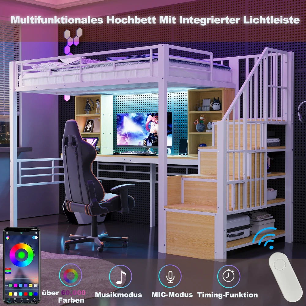 High Bed 90×200cm, with Shelf, Desk, Socket and LED Lighting
