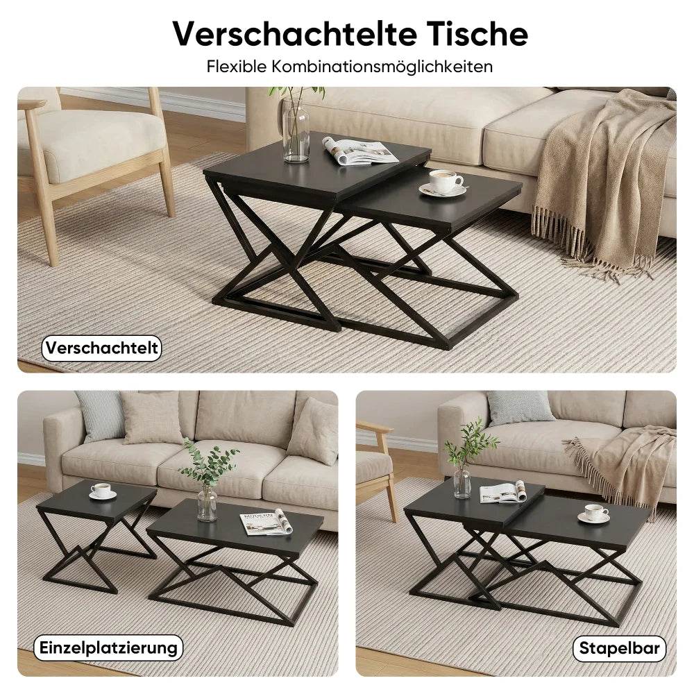 Black Modern Geometric Coffee Table, Wooden Top with Stable Metal Frame