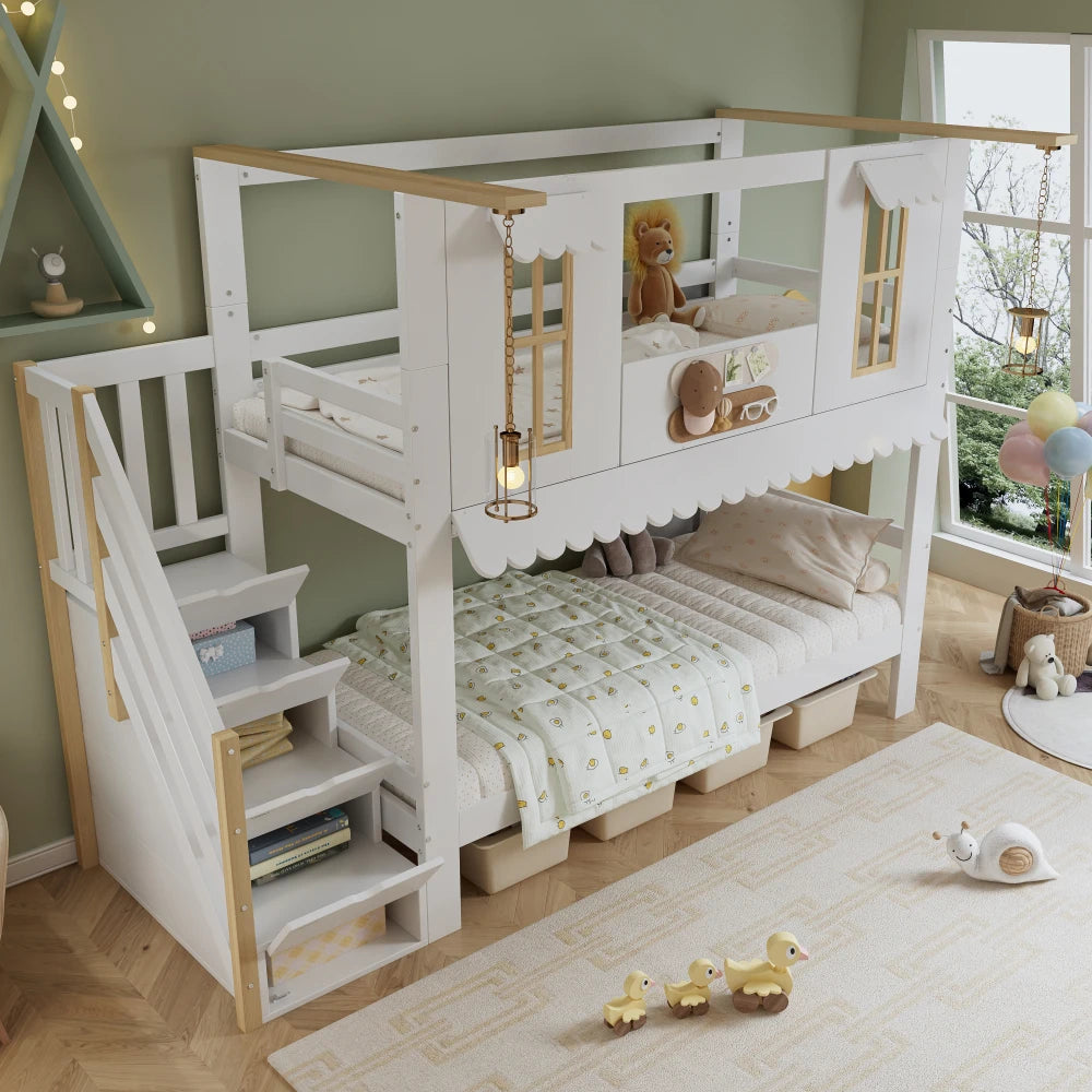 90x200cm Bunk Bed with Storage Staircase and Exquisite Window