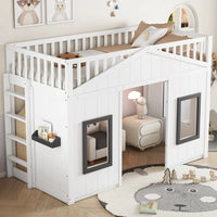 Modern Kids 90x200cm House Bunk Bed Pine Wood Frame with Stairs Window Parachute