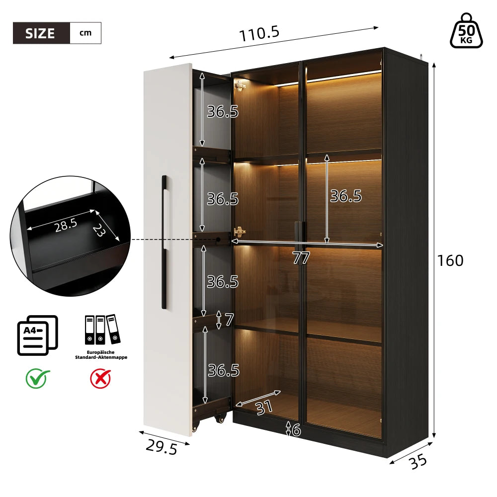 110.5×35×160cm Multifunction Showcase with Glass Door and LED, Side Drawer