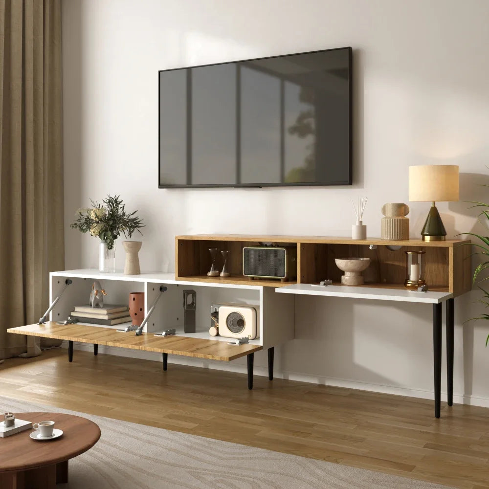 Modern TV Cabinet with Adjustable Length, Wooden Optics + White Matt
